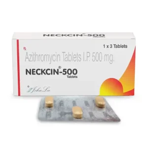 Neckcin 500 mg Azithromycin Tablets IP Johnlee box with blister strip showing 500 mg tablets