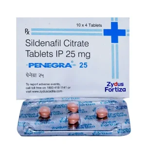 Penegra 25 mg sildenafil citrate tablets packaging box with blister strip displayed