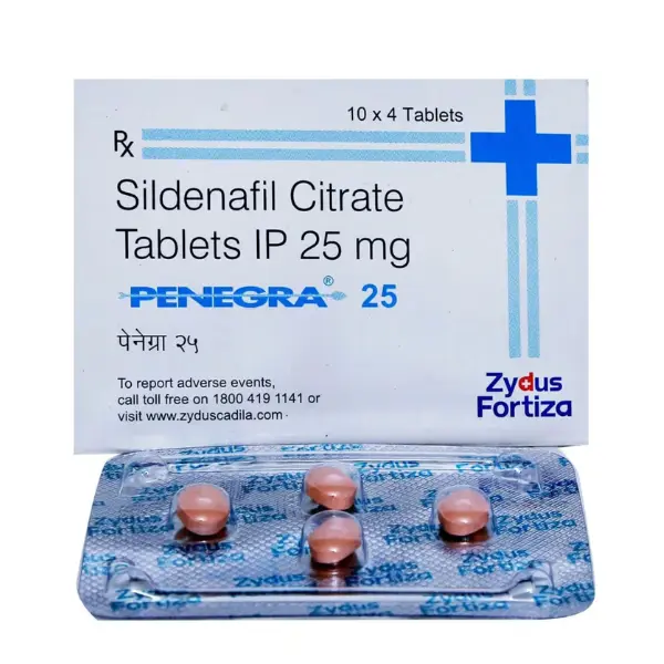 Penegra 25 mg (Sildenafil) 2 Penegra 25 mg sildenafil citrate tablets packaging box with blister strip displayed
