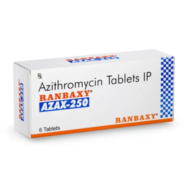 Azax 250 mg (Azithromycin) 2 Ranbaxy AZAX 250 mg Azithromycin Tablets IP medicine box angled 3D view