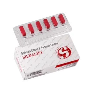 Sildalist 120 sildenafil citrate and tadalafil tablets shown with blister pack and red tablets
