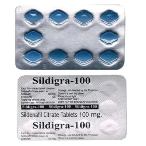Front and back view of Sildigra 100 sildenafil citrate tablets showing blue pills in blister packaging
