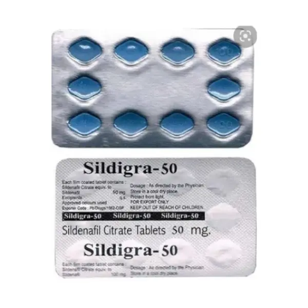 Sildigra 50 mg (Sildenafil) 2 Sildigra 50 mg blue sildenafil tablets front and back blister pack