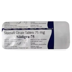 Sildigra 75 sildenafil citrate tablets 75 mg showing medicine label and dosage information