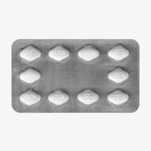 White chewable tablets marked 100 mg in Sildigra Soft blister packaging