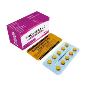 Snovitra 10 mg vardenafil tablets packaging box with blister strip and tablets displayed