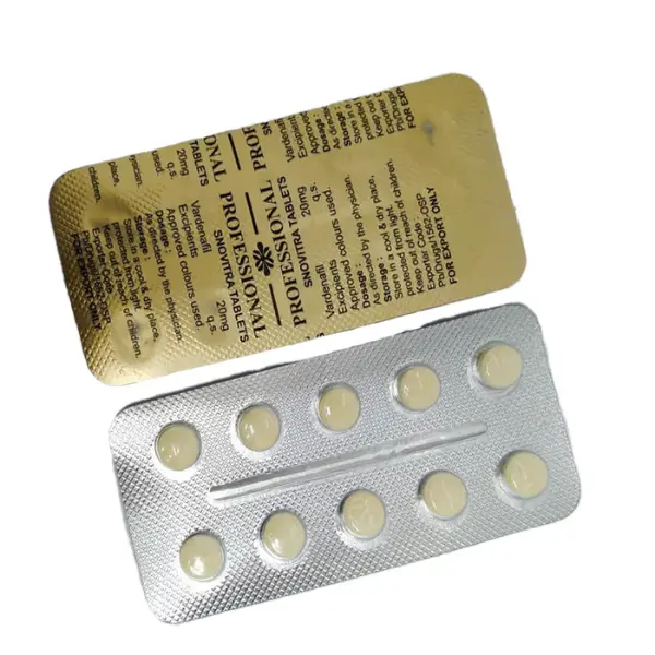 Snovitra Professional 20 mg (Vardenafil) 1 Snovitra Professional 20 mg vardenafil and dapoxetine tablets blister strip with tablets displayed