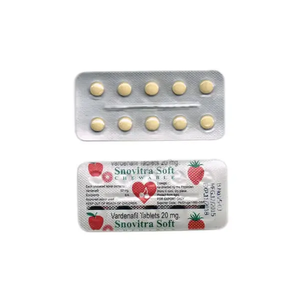Snovitra Soft Chewable 20 mg (Vardenafil) 1 Snovitra Soft 20 mg vardenafil chewable tablets blister strip with tablets displayed