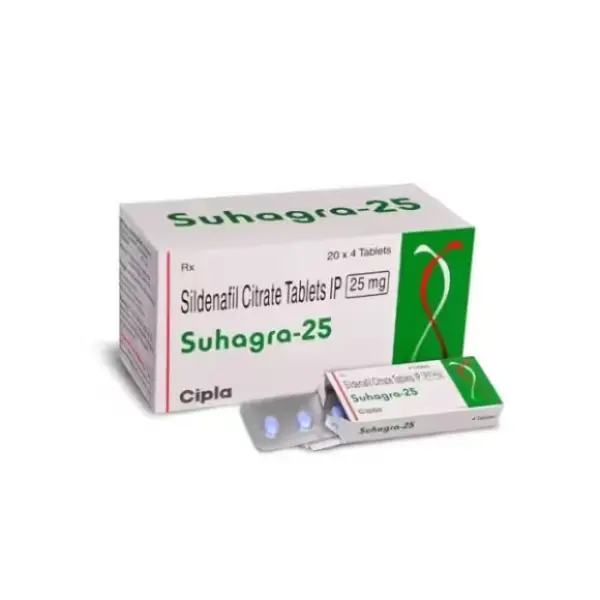 Suhagra 25 mg (Sildenafil) 1 Suhagra 25 mg Sildenafil Citrate 25 mg tablet box and blister pack by Cipla for erectile dysfunction treatment