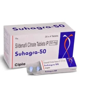 Suhagra 50 mg Sildenafil Citrate tablets box with blister strip and blue pills by Cipla