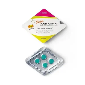Super Kamagra 160 mg tablets packaging with blister pack displaying four green tablets