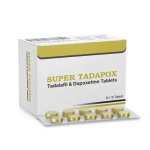 Super Tadapox tadalafil and dapoxetine tablets box with blister pack pills displayed