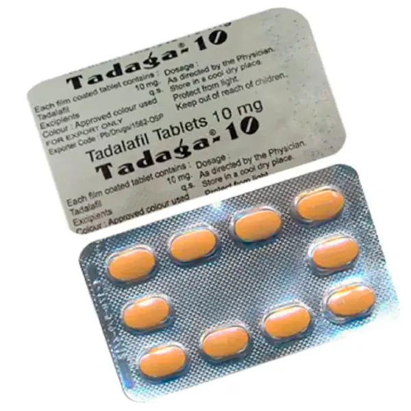 Tadaga 10 mg (Tadalafil) 1 Tadaga 10 mg tadalafil tablets blister strip with orange pills displayed