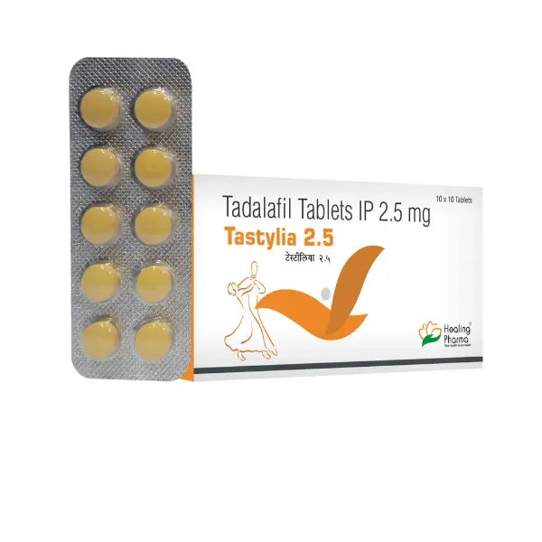 Tastylia 2.5 mg (Tadalafil) 1 Tastylia 2.5 mg tadalafil tablets IP 2.5 mg by Healing Pharma with yellow tablets blister pack and medicine box on white background