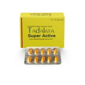 Front view of Tadalista Super Active tadalafil 20 mg softgel capsules box with blister strip