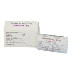 Back view of Tadarise 60 mg tadalafil tablets box with blister strip