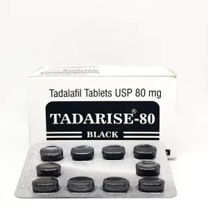 Tadarise Black 80 mg tadalafil tablets box with blister strip for ED treatment