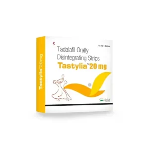 Tastylia 20 mg tadalafil orally disintegrating strips side view packaging by Healing Pharma with yellow design