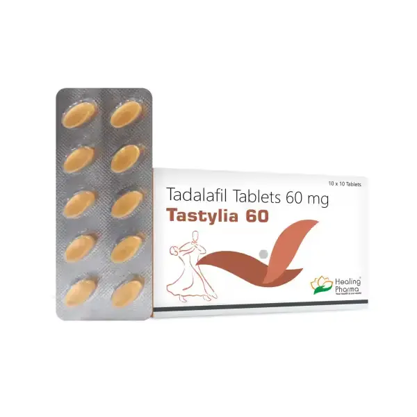 Tastylia 60 mg (Tadalafil) 1 Tastylia 60 mg tadalafil tablets blister pack with box by Healing Pharma on white background