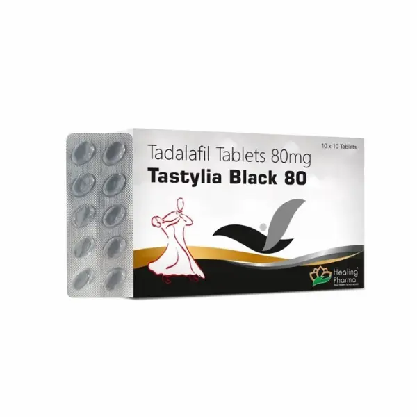 Tastylia Black 80 mg (Tadalafil) 1 Tastylia Black 80 mg tadalafil tablets blister pack with packaging box by Healing Pharma.