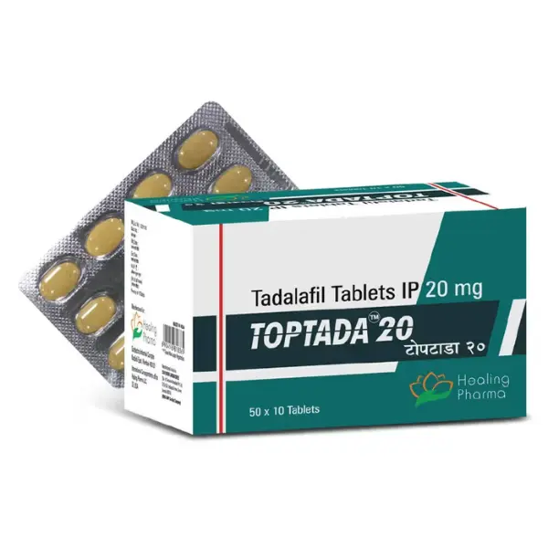 Toptada 20 mg tadalafil tablets packaging box with blister strip by Healing Pharma