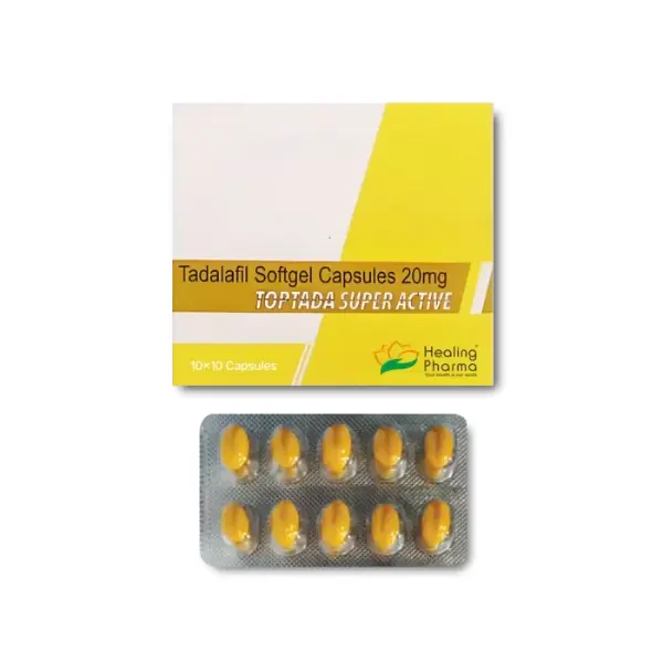 Toptada Super Active 20 mg (Tadalafil) 3 Toptada Super Active 20 mg tadalafil softgel capsules box with blister pack displayed