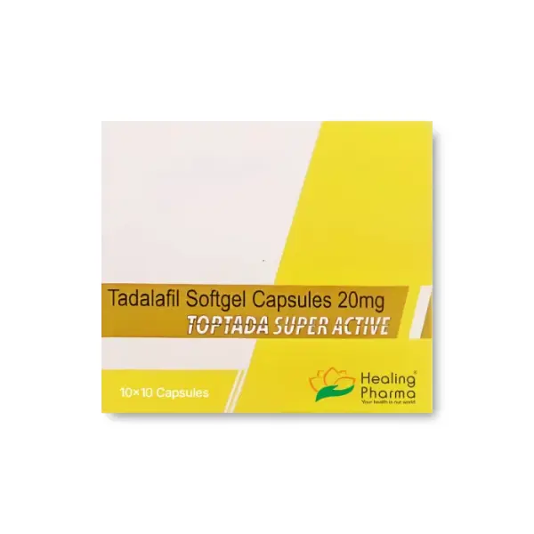 Toptada Super Active 20 mg (Tadalafil) 1 Toptada Super Active 20 mg tadalafil softgel capsules packaging by Healing Pharma