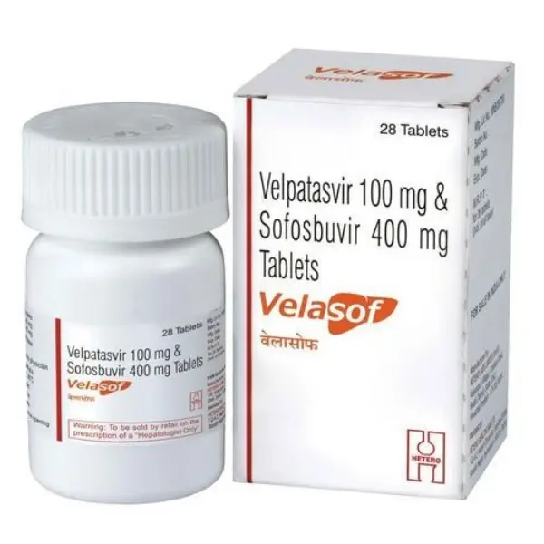 Velasof velpatasvir 100 mg and sofosbuvir 400 mg tablets bottle with packaging box 28 tablets Hetero