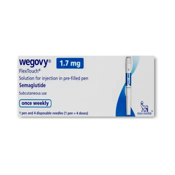 Wegovy 1.7 mg FlexTouch Pen (Semaglutide) 1 Front view of Wegovy 1.7 mg semaglutide prefilled injection pen packaging once weekly use
