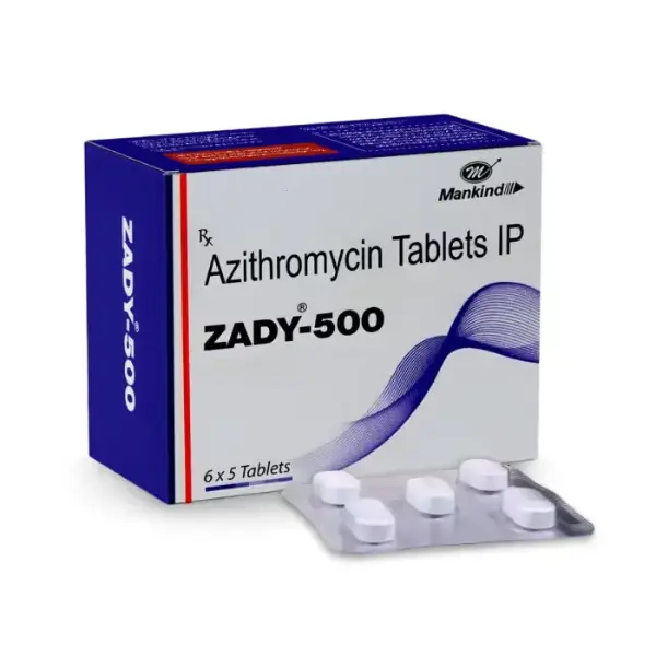 Zady 500 Tablet (Azithromycin) 3 Zady 500 Azithromycin Tablets IP Mankind box with blister pack showing tablets