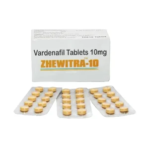 Zhewitra 10 mg vardenafil tablets packaging box with multiple blister strips displayed