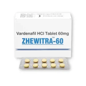 Zhewitra 60 mg vardenafil HCL tablets box with blister strip and tablets displayed