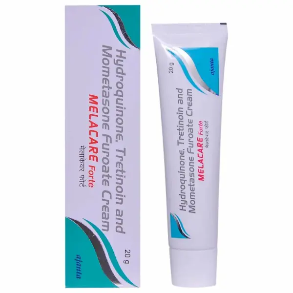 Melacare Forte Cream (Hydroquinone/Tretinoin/Mometasone) 1 Melacare forte cream 20 g tube and box containing hydroquinone, tretinoin and mometasone furoate for melasma and hyperpigmentation treatment