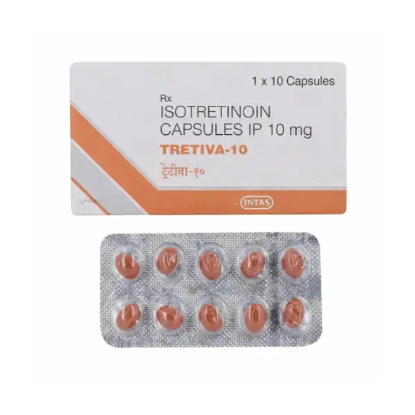 Isotroin 10 mg Capsule (Isotretinoin) 1 Tretiva 10 isotretinoin capsules 10mg blister pack and box acne treatment medication
