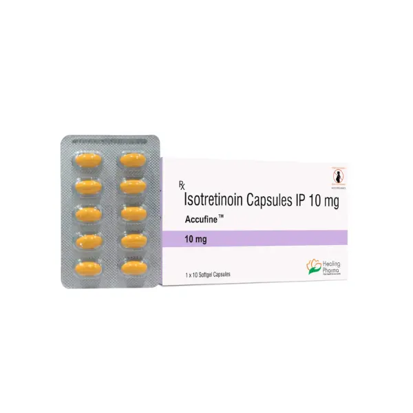 Accufine 10 mg (Isotretinoin) 1 Accufine 10 mg isotretinoin capsules 10mg blister pack and box acne treatment medication