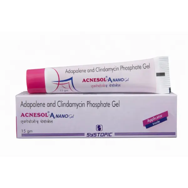 Acnesol A Nano Gel 15 gm 1 Acnesol A Nano gel 15g tube and box with adapalene and clindamycin phosphate for acne treatment