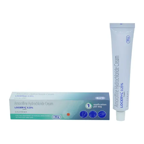 Loceryl Cream (Amorolfine) 1 Amorolfine hydrochloride cream Loceryl 0.25 percent 30g antifungal cream tube and packaging box image