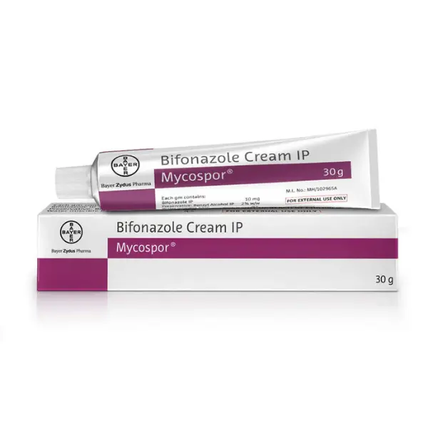 Mycospor Cream (Bifonazole) 1 Bifonazole cream IP Mycospor 30g antifungal cream tube and packaging box image