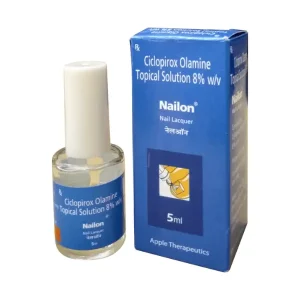 Ciclopirox Olamine Topical Solution 8% – Nailon Nail Lacquer 5ml Bottle and Box Image