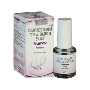 Ciclopirox Olamine Topical Solution 8% – Nailrox Nail Lacquer 5ml Bottle and Box Image