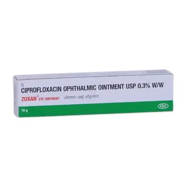 Zoxan Eye Ointment (Ciprofloxacin) 1 Ciprofloxacin ophthalmic ointment USP 0.3 percent Zoxan 10g eye ointment packaging box image