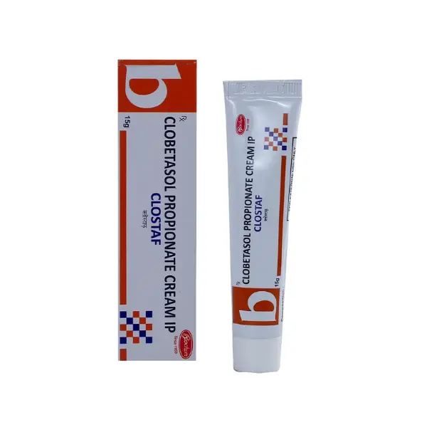 Clostaf Cream 15 gm (Clobetasol Propionate) 1 Clobetasol propionate cream IP Clostaf 15g skin cream tube and packaging box image