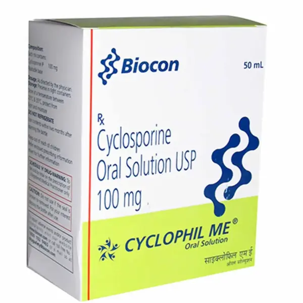 Cyclophil ME cyclosporine oral solution 100 mg 50 ml box by Biocon immunosuppressant medicine packaging