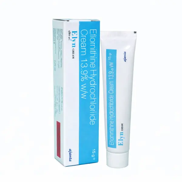 Elyn Cream 15 gm (Eflornithine Hydrochloride) 1 Eflornithine Hydrochloride Cream 13.9% – Elym 15g Tube and Box Image