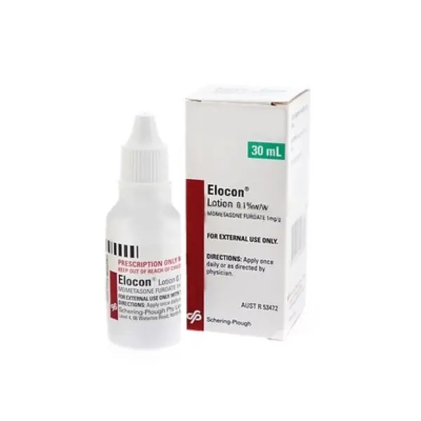 Elocon Lotion 0.1% (Mometasone Furoate) 1 Elocon lotion mometasone furoate 0.1 percent 30ml skin lotion bottle and packaging box image