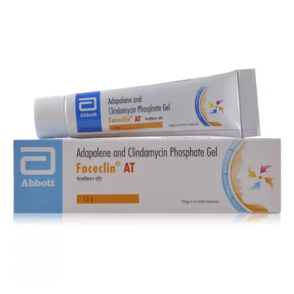 Faceclin AT gel 15g tube and box with adapalene and clindamycin phosphate topical acne treatment medication