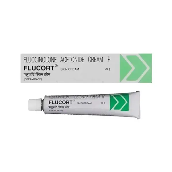 Flucort Cream 20 gm (Fluocinolone) 1 Fluocinolone acetonide cream IP Flucort 20g skin cream tube and packaging box image