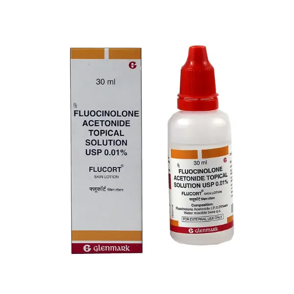 Fluocinolone acetonide topical solution USP 0.01 Flucort 30ml skin lotion bottle and packaging box image